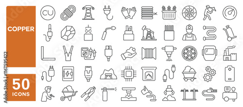 Set of 50 line icons related to copper, wire, cable, metal, industry, conductor, fiber, circuit, cord, Editable stroke. Vector illustration