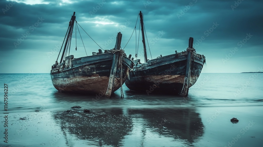 Two weathered wooden fishing boats on a beach at dusk under a dramatic sky. Two weathered wooden fishing boats on a beach at dusk under a dramatic sky.