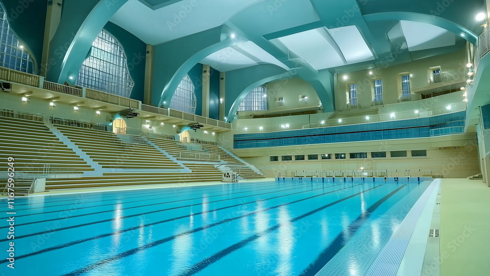 Fototapeta premium Indoor swimming pool for competition, with blue line drawn at the floor of the pool to determine the track, spectator sit