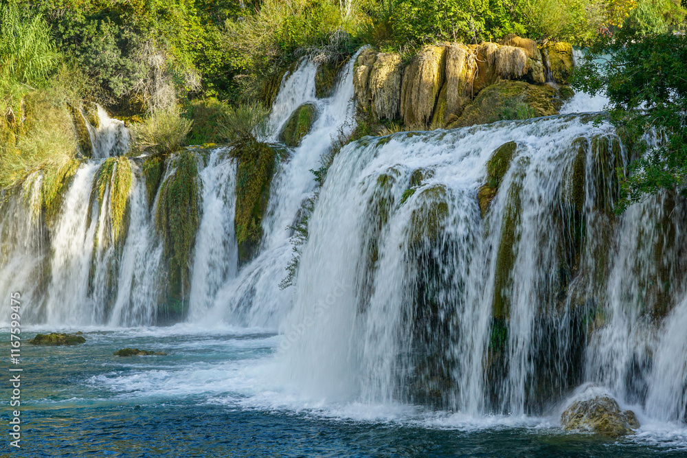 Obraz premium Beautiful scenic Krka river waterfall landscape, Krka National Park in Dalmatia region, Croatia