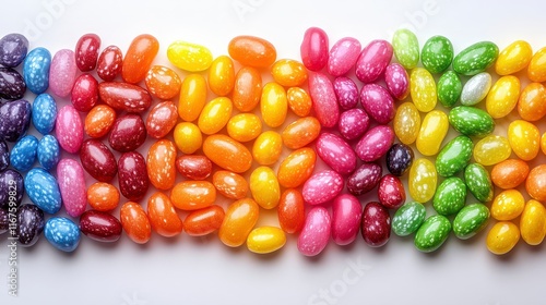Colorful jellybeans arranged in a rainbow pattern on a white background.