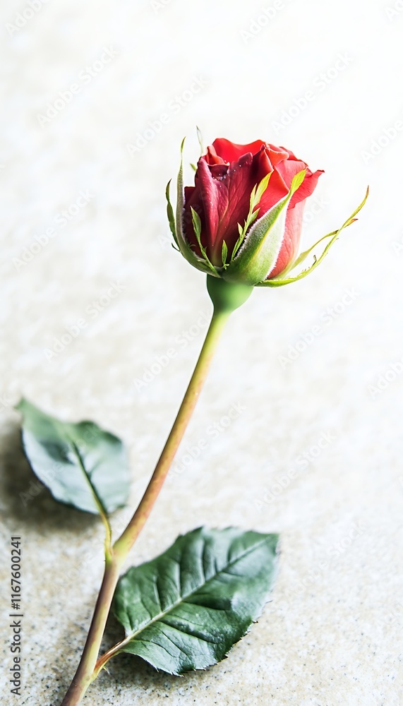 Single red rose bloom on light surface. Single red rose bloom on light surface.