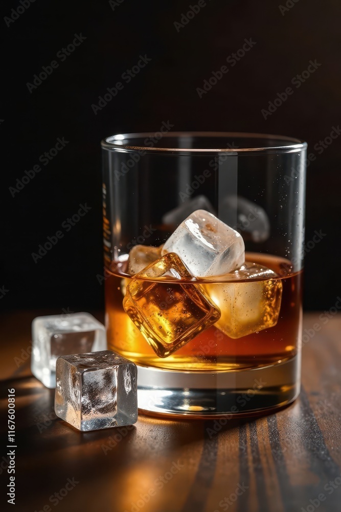Amber whiskey, ice cubes, dark wood background, elegant, ice Amber whiskey, ice cubes, dark wood background, elegant, ice
