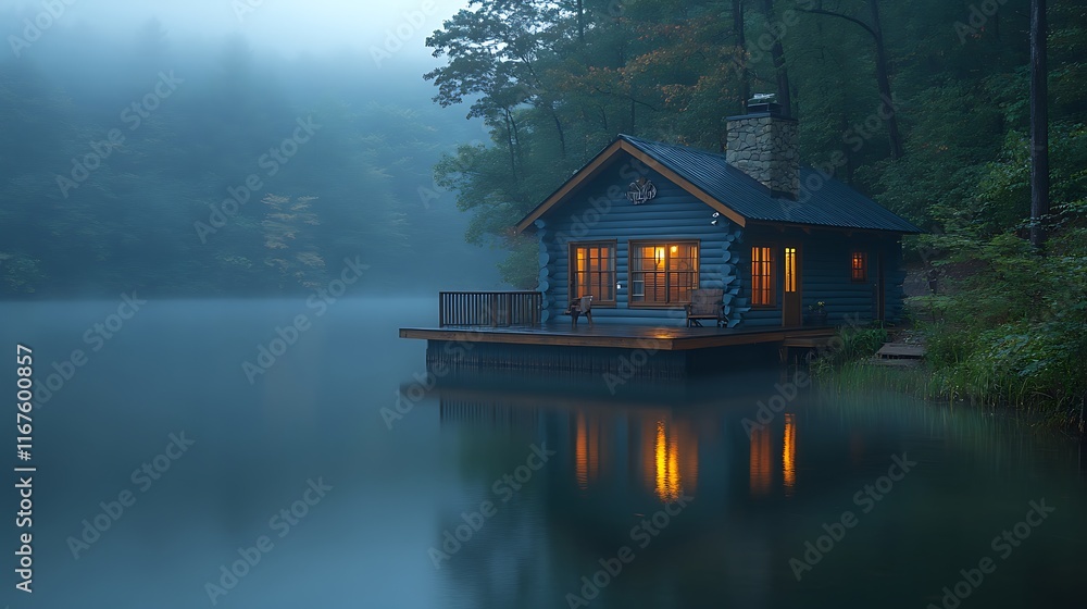 Fototapeta premium Illuminated Log Cabin on Misty Lake at Dusk