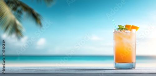 A refreshing tropical cocktail with orange garnish sits on a wooden surface against a serene beach backdrop and clear blue sky, perfect for a summer getaway. photo