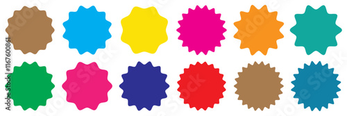 Circle sticker set. Wavy edge promo Colourful  badges. Star burst shape tags for price. Blank sale stickers. Simple silhouette. Flat vintage labels. Graphic illustration.