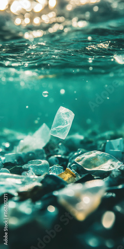 Underwater view of plastic pollution in ocean highlighting environmental concerns photo