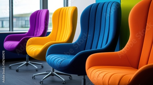 colorful chairs in an office with windows photo