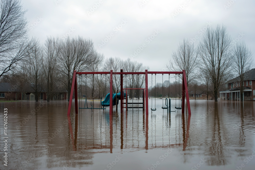 An empty playground submerged in floodwater, swings and slides barely visible. An empty playground submerged in floodwater, swings and slides barely visible.