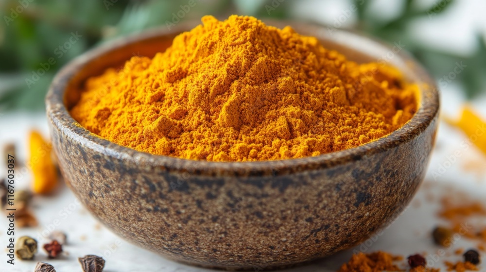 Golden Turmeric Powder in Rustic Bowl: A Vibrant Spice Golden Turmeric Powder in Rustic Bowl: A Vibrant Spice