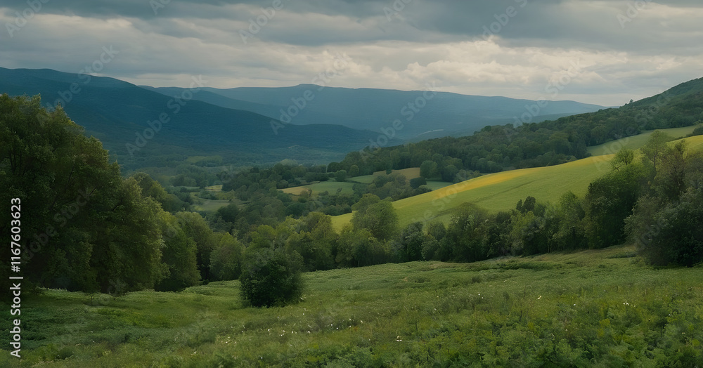 Obraz premium Green grass growing on hills with mountains in background