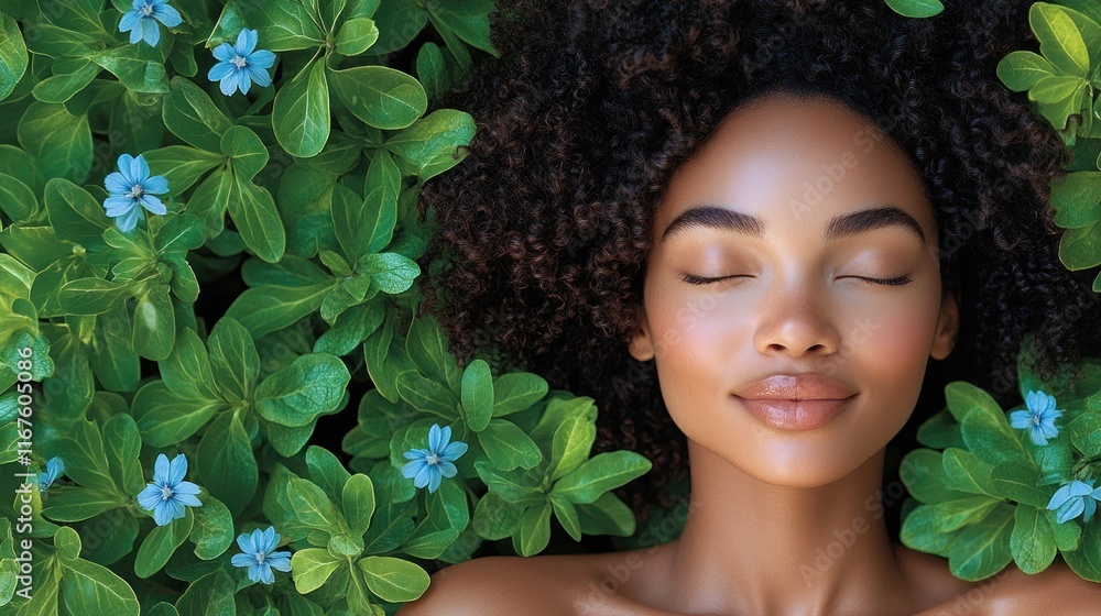 A serene woman with closed eyes surrounded by lush green leaves and small blue flowers. A serene woman with closed eyes surrounded by lush green leaves and small blue flowers.