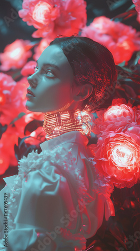 A high-fashion photoshoot of model with peonies 