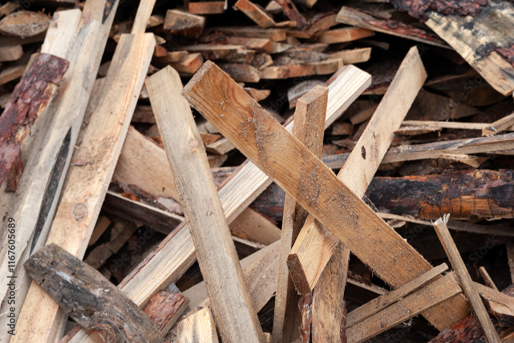 Pile of wet broken boards at the sawmill Pile of wet broken boards at the sawmill