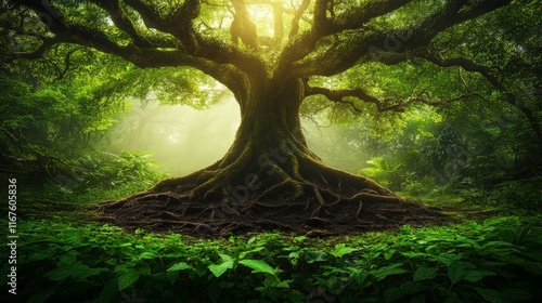 Pantheism A tranquil forest landscape bathed in warm, golden light, showcasing majestic, towering trees and a sense of divine energy all around