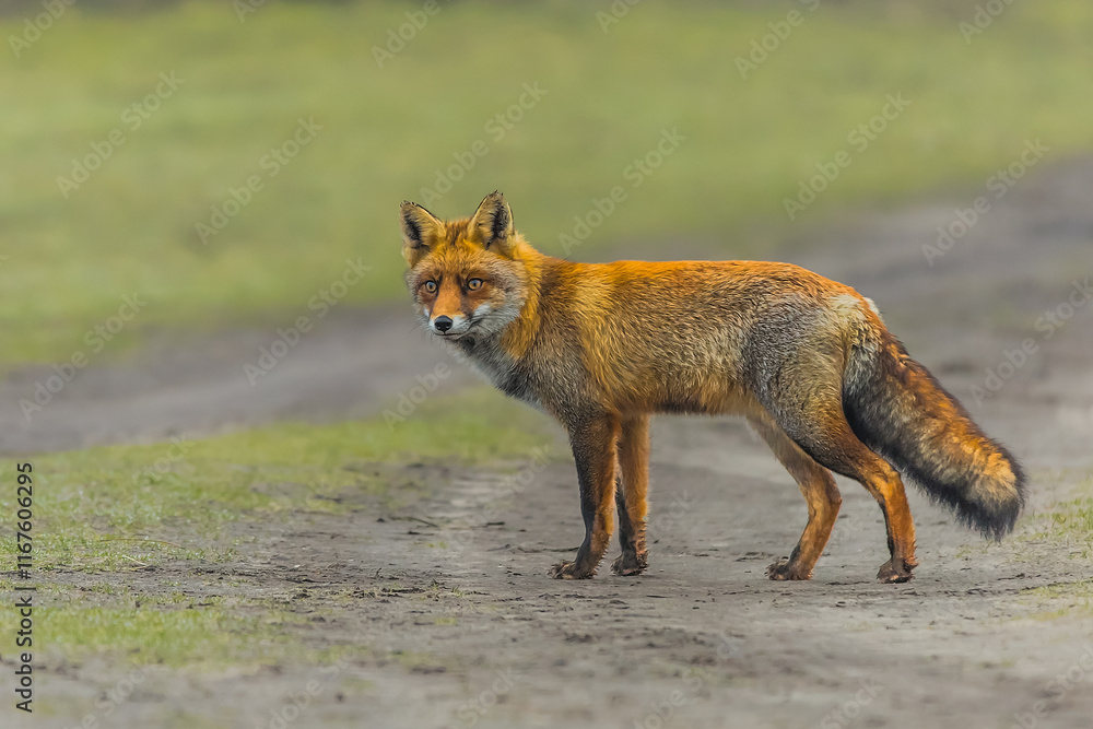 Fototapeta premium Close-up stationary fox, Vulpes vulpes, focused on something in the distance in the Amsterdam Waterleidingduinen municipality of Zandvoort 