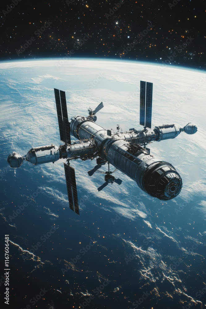Fototapeta premium Space station orbiting Earth, stars visible.