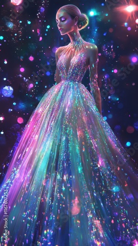 A glittering woman in a radiant ball gown surrounded by cosmic and magical sparkles. photo