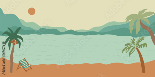 Retro beach landscape with palm trees background. Vector summer tropical banner. Scenic summer vacation card with sea, ocean, seacoast. Vintage tropical resort poster, hand drawn nature illustration.