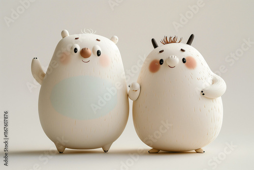 Two chubby characetrs a white bull and a white bear excited and worrying. Stock market bulls and bears on a plain background