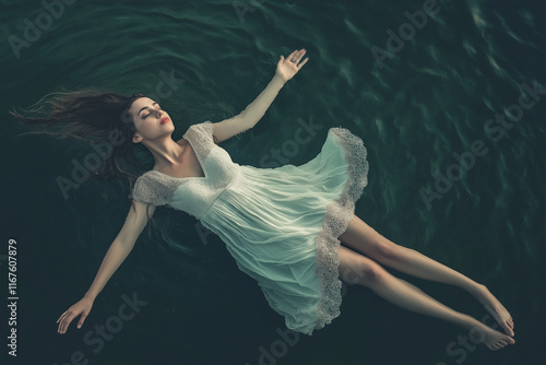 A woman wearing a white dress lying in the dark water looking at the camera, dramatic pose, long flowing hair