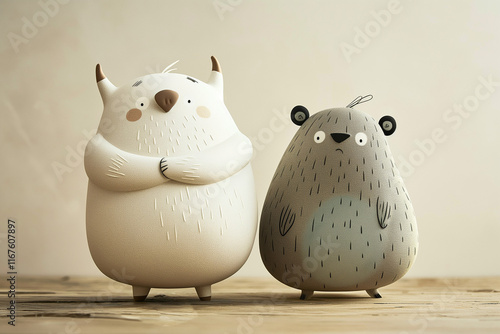 Two chubby characetrs a white bull and a white bear excited and worrying. Stock market bulls and bears on a plain background