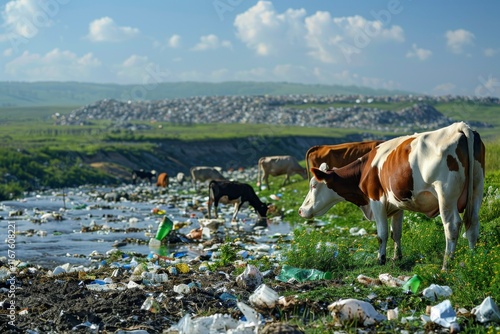 Cows grazing by a polluted landfill photo