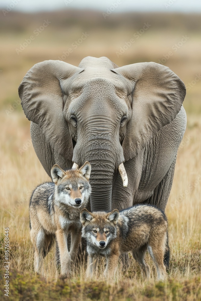 Obraz premium Elephant stands with two wolves in grassy field.