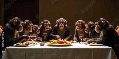 The last dinner of the eight chimpanzee monkeys on a long table covered with white cloth and food on the table inside the house.