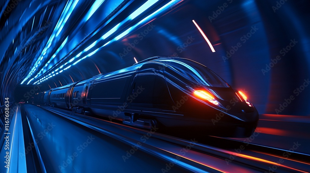 Futuristic high-speed train speeding through a neon-lit tunnel. (2) Futuristic high-speed train speeding through a neon-lit tunnel. (2)