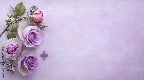 Lavender Roses and Cross on Lilac Background