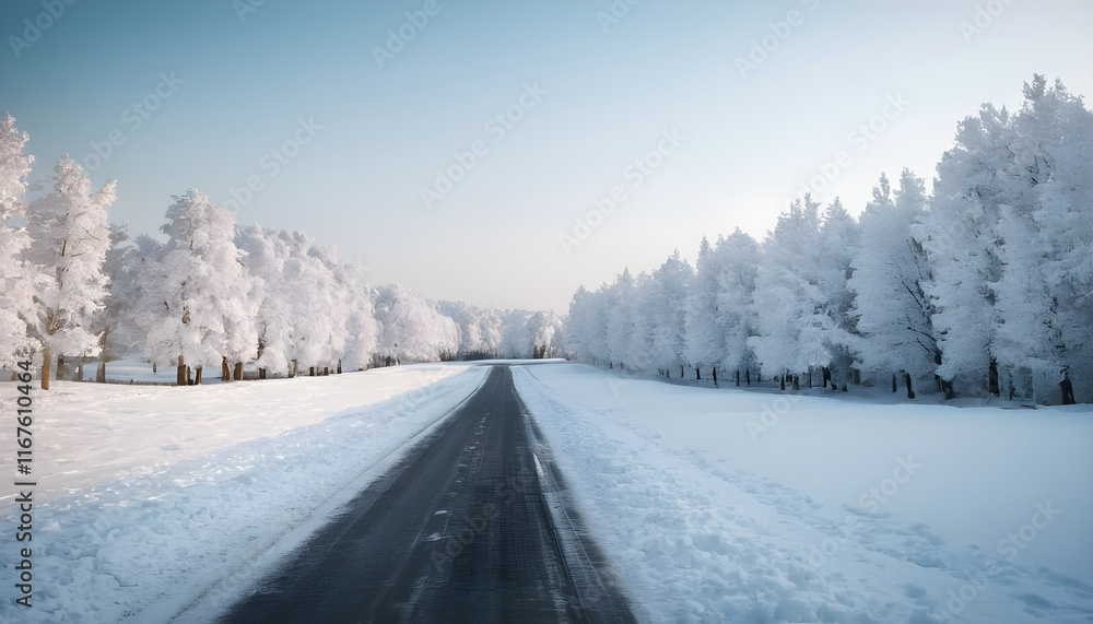 Snowy road leading through frozen forest in winter Snowy road leading through frozen forest in winter