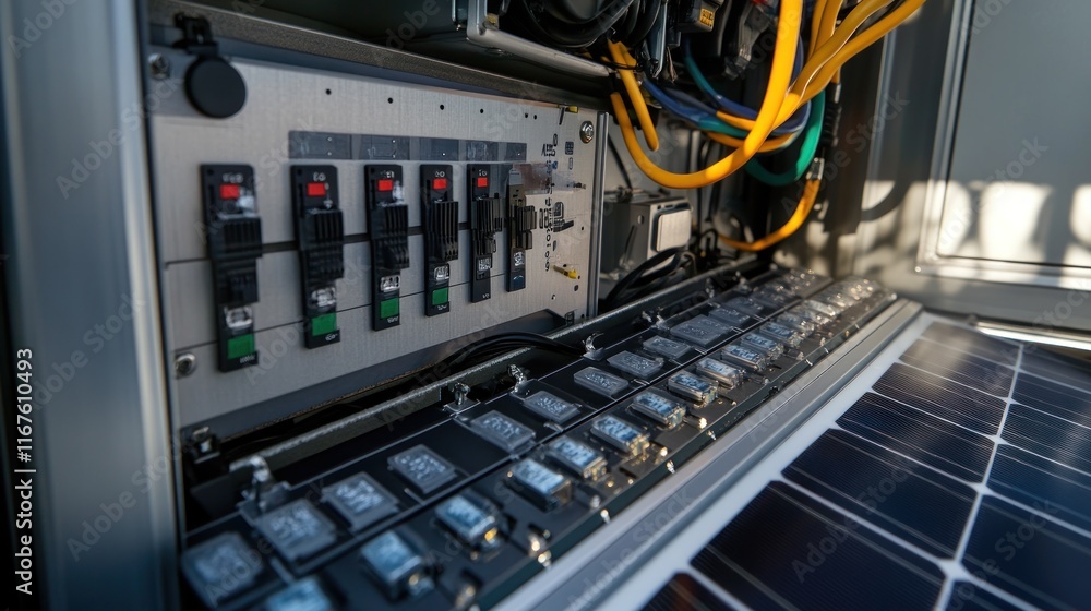 Solar Panel System: Close-up of a Sophisticated Energy Storage and Control Unit Solar Panel System: Close-up of a Sophisticated Energy Storage and Control Unit