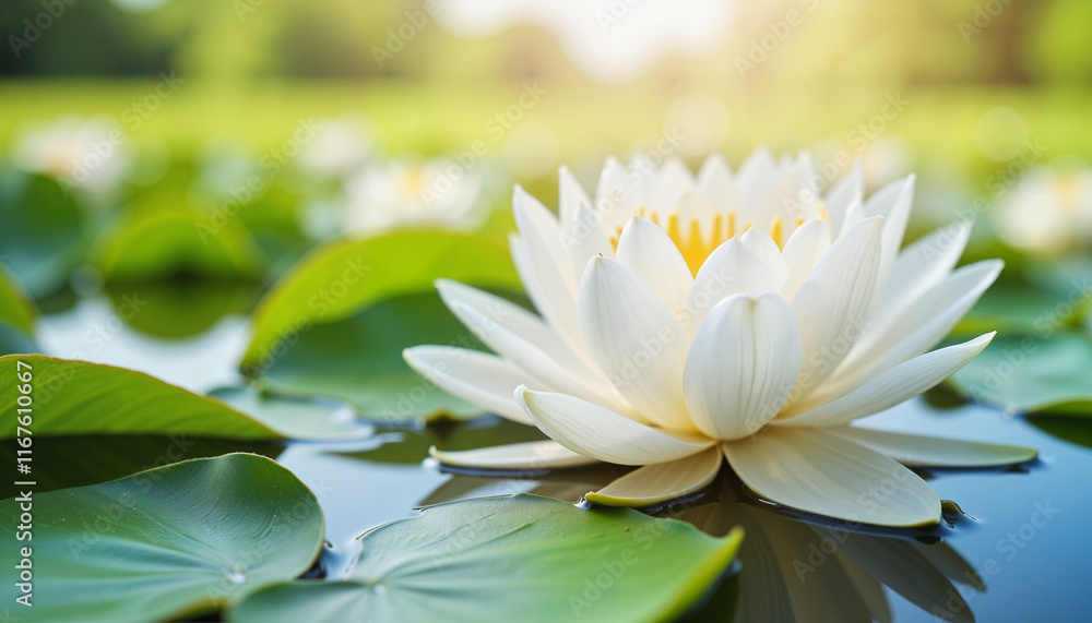 Serene white lily blooming in tranquil pond, symbol of purity Serene white lily blooming in tranquil pond, symbol of purity