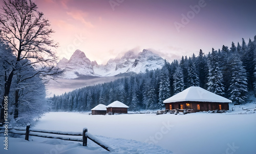 Wallpaper Mural Wooden mountain chalets glowing in the snow at sunset Torontodigital.ca