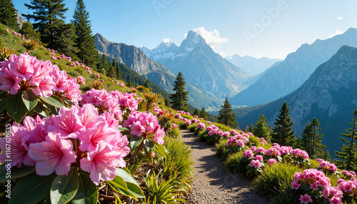 Vibrant pink rhododendrons along hiking trail, serene mountain landscape photo