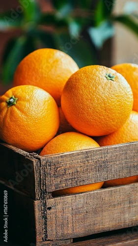 Fresh oranges piled in a rustic wooden crate on a table for a vibrant display