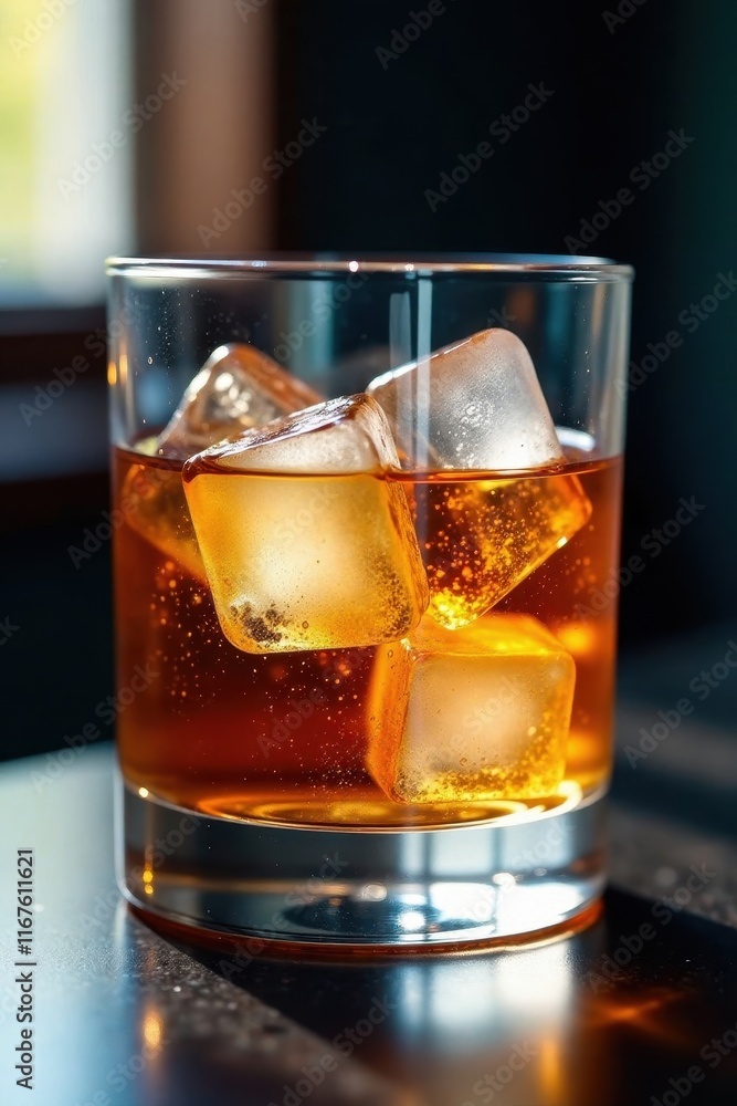 Whiskey glass filled with ice cubes, overflowing onto the rim , liquid, alcohol, drink Whiskey glass filled with ice cubes, overflowing onto the rim , liquid, alcohol, drink