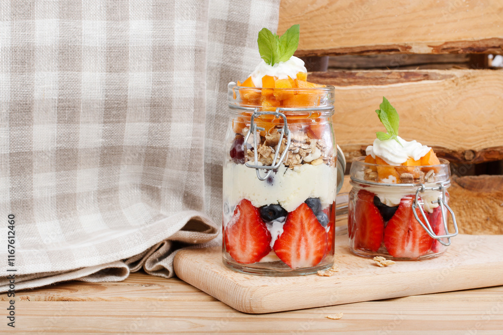 One portion of layer fruit dessert in glass container. Summer party.