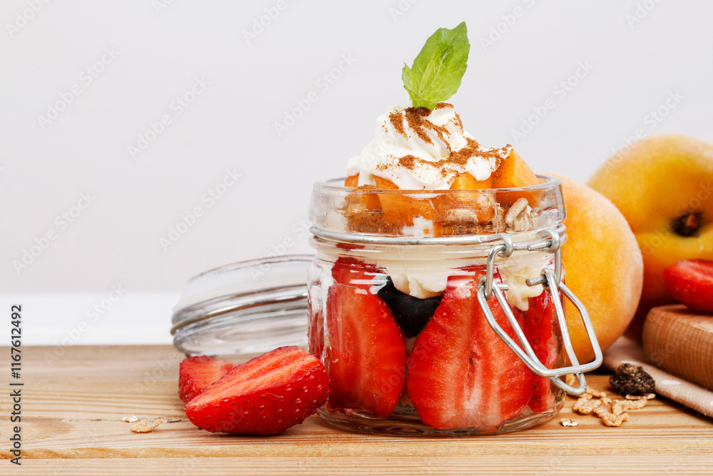 One portion of layer fruit dessert in glass container. Summer party.