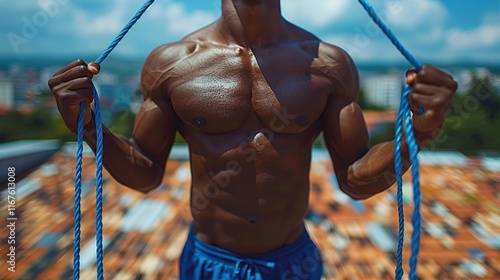 Fit young man, age 19, doing jump rope exercises on a rooftop, promoting cardio fitness and coordination photo