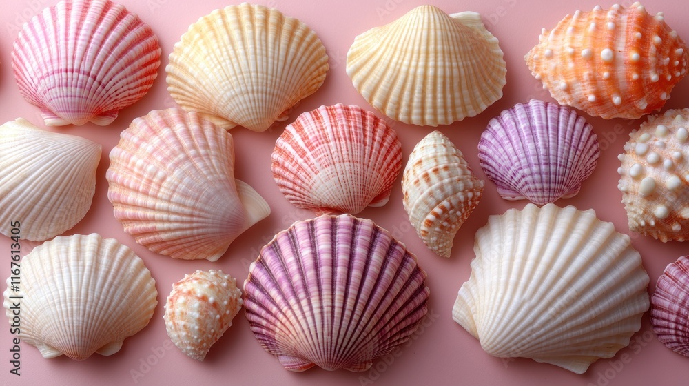 A collection of colorful seashells arranged aesthetically on a pink background. A collection of colorful seashells arranged aesthetically on a pink background.