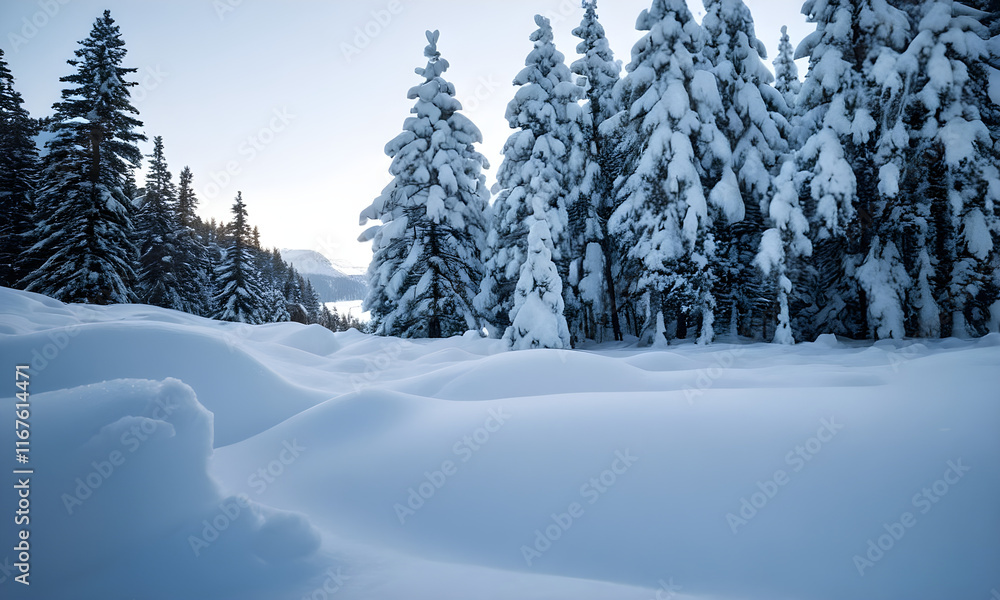 Untouched snow covering ground in coniferous forest Untouched snow covering ground in coniferous forest