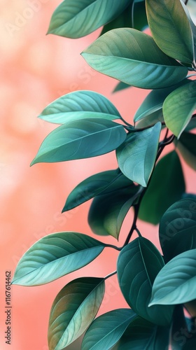 Vibrant green leaves against a pink backdrop create a striking visual contras...