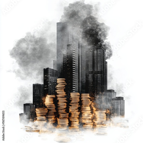 City skyline with stacks of coins representing wealth and prosperity