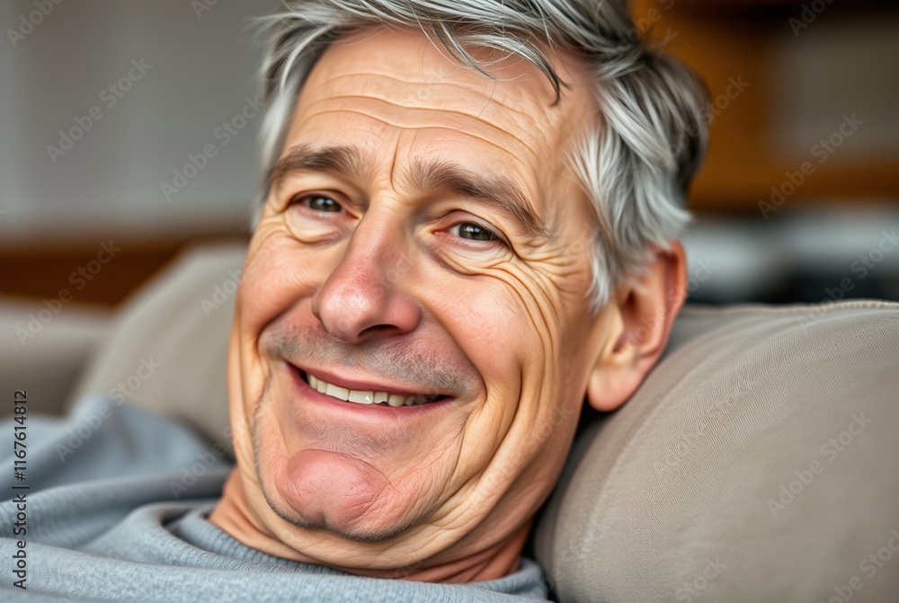 Smiling Middle-Aged Man Relaxing on Couch in Cozy Home Environment