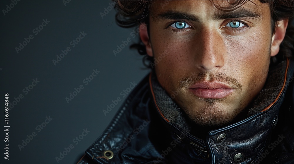 Obraz premium A 19-year-old male model in a sharp suit and tie, attending a formal event, representing the timeless elegance and sophistication of the brand's eveningwear collection
