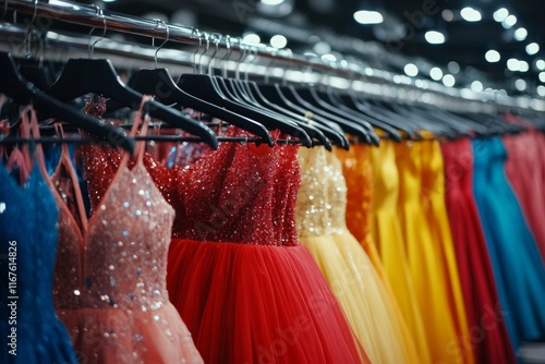 Elegant evening gowns displayed in a boutique near a city center