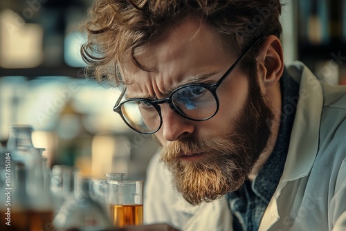 Scientist in laboratory analysis under blue light at night revealing focused ...