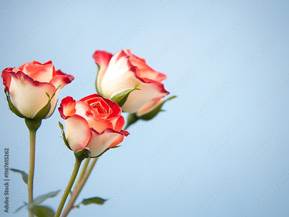Three red-edged roses on pale blue background. Three red-edged roses on pale blue background.